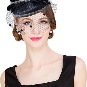 Women Mesh Fascinator Hat Navy Rhinestone Hair Accessory Clip Wedding
